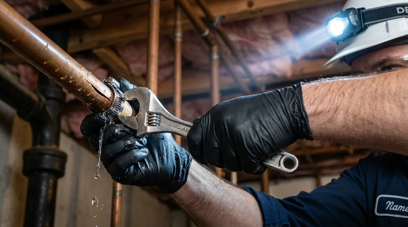 Emergency pipe clamp repair being performed by a Johns Plumbing LLC plumber in Grifton