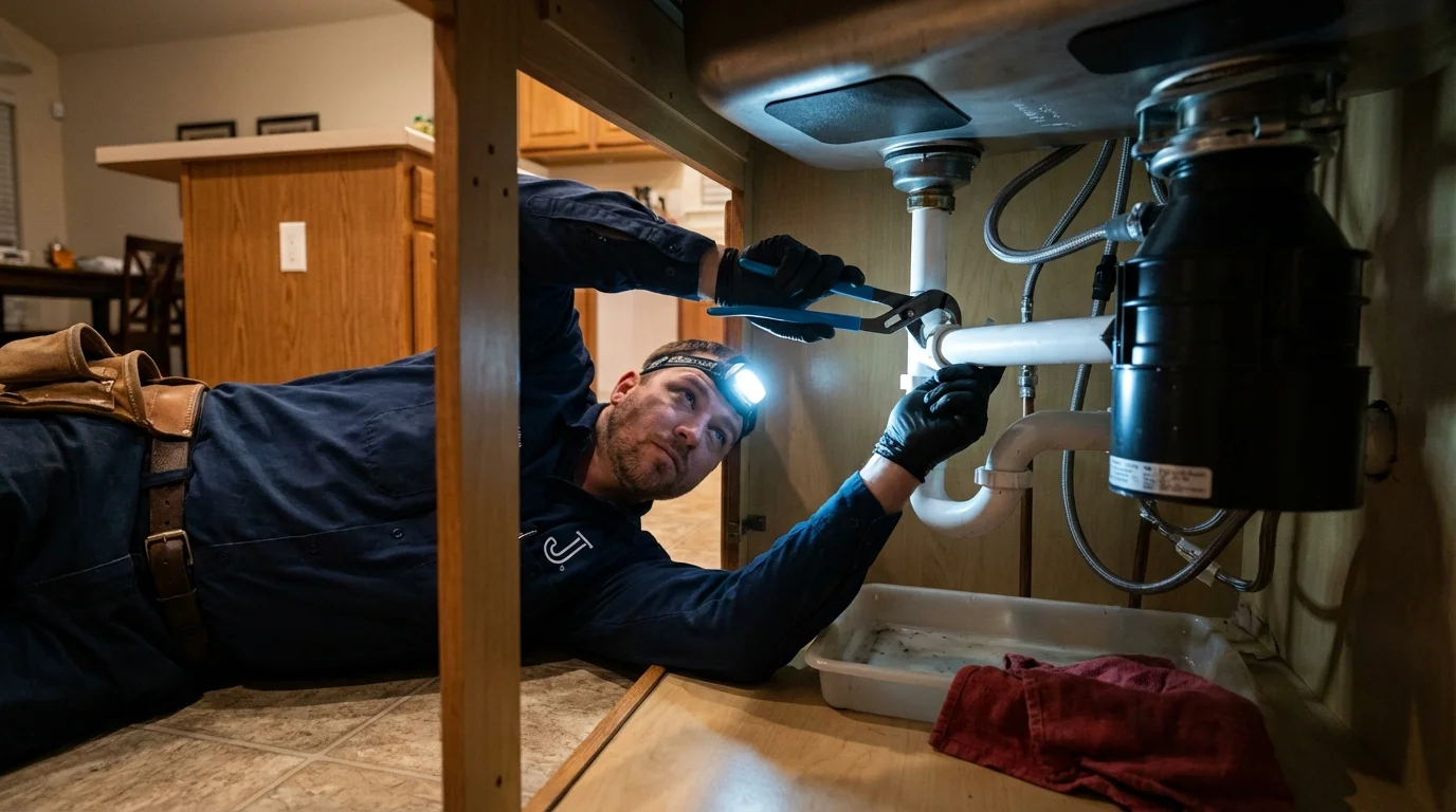 P-trap and supply line connections under a kitchen sink showing a common leak point in Grifton, NC